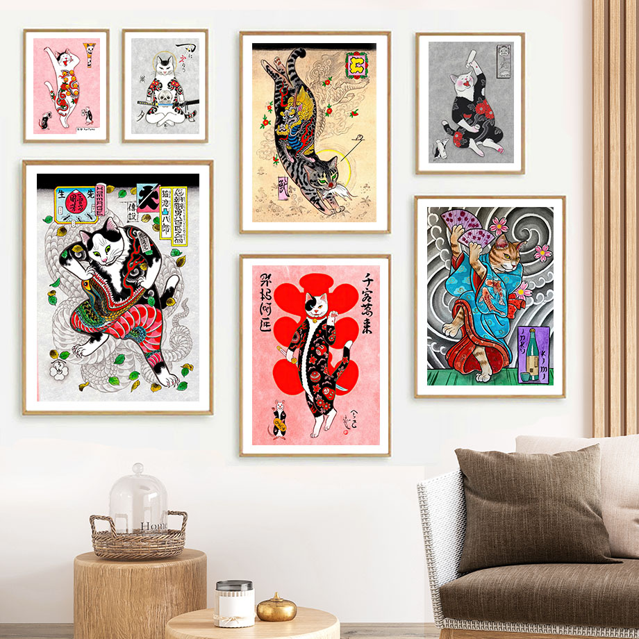 Japanese Lifestyle And Traditions - Japoński Kot Samuraj, Grafika Ścienna Ukiyo-e,