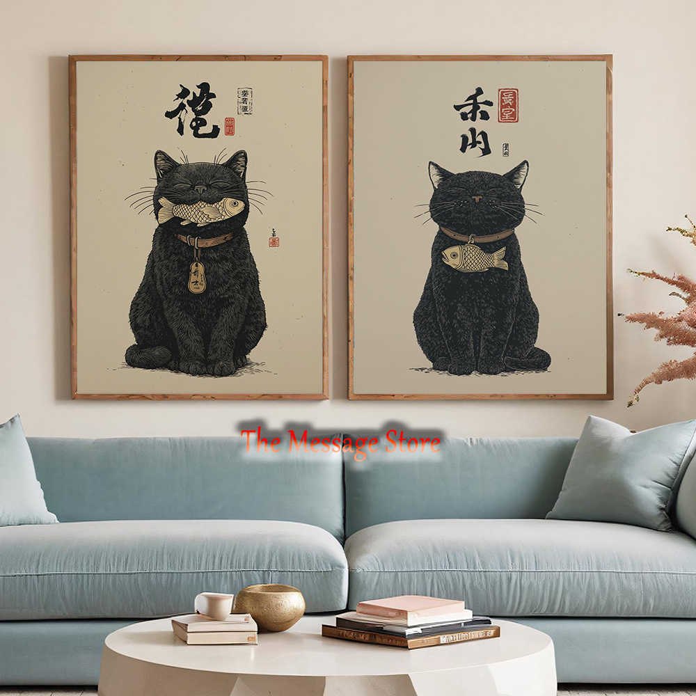 Japanese Lifestyle And Traditions - Czarny Kot Szczęścia Ukiyo-e Japoński Wisiorek